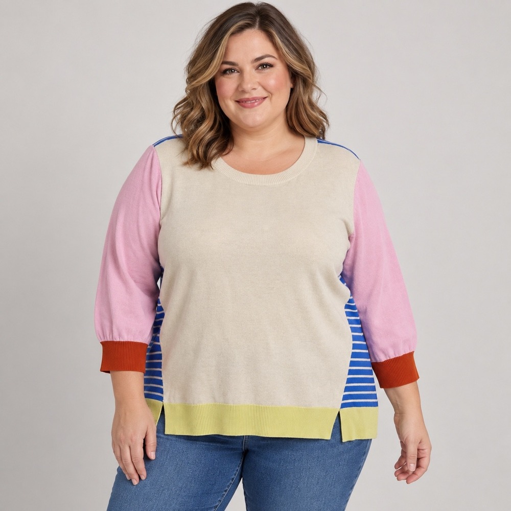 ModCloth Sweater Womens 1X Multi Colorblock Striped 3/4 Sleeve Knit Top